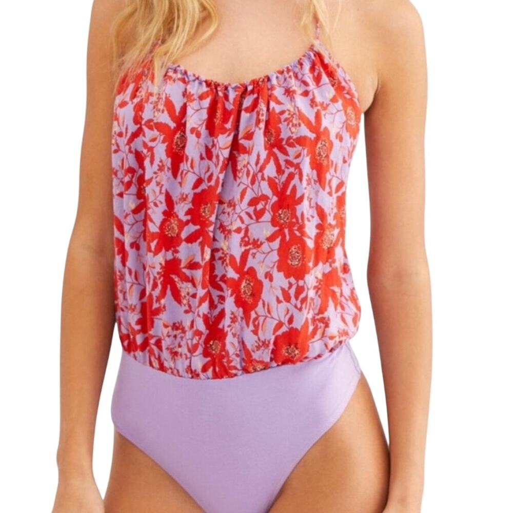 Free People Intimately Women’s Floral Halter Bodysuit Red Purple Size L